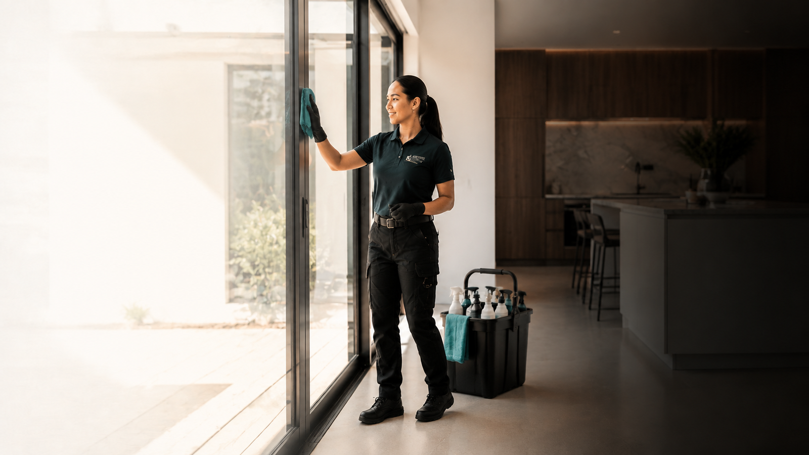 Builders Cleaning professional completing a detailed new-build clean