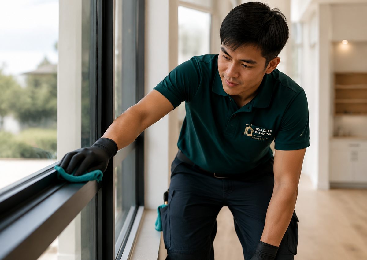 Builders Cleaning professional detailing a new-build window
